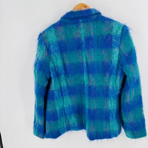 Vintage Hillary Charles Mohair Wool Blend Plaid Jacket Blue Green USA Made - Picture 3 of 10